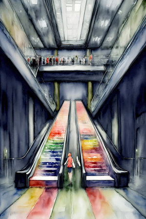 A Watercolor Painting Of A Woman Standing At The Bottom Of An Escalator. Generative AIの素材