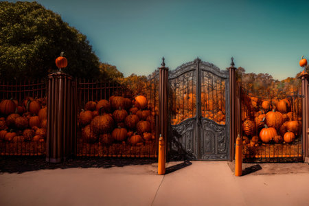 A Painting Of A Gate With Pumpkins On It. Generative AIの素材
