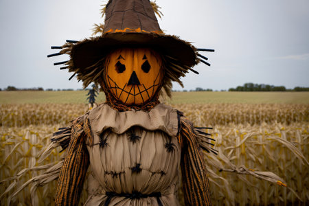 A Scarecrow Standing In A Field Of Corn. Generative AIの素材