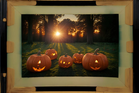 A Group Of Carved Pumpkins Sitting On Top Of A Lush Green Field. Generative AIの素材