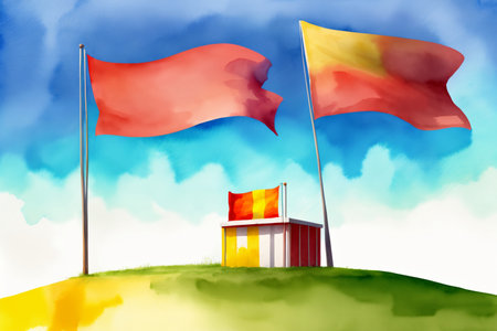 A Painting Of Two Red And Yellow Flags On Top Of A Hill. Generative AIの素材