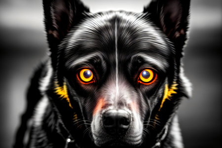A Close Up Of A Dog With Yellow Eyes. Generative AIの素材