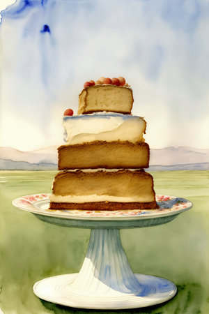 A Painting Of A Cake On A Plate. Generative AIの素材