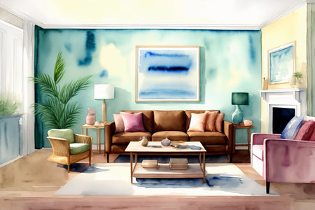 A Living Room Filled With Furniture And A Painting On The Wall. Generative AIの素材