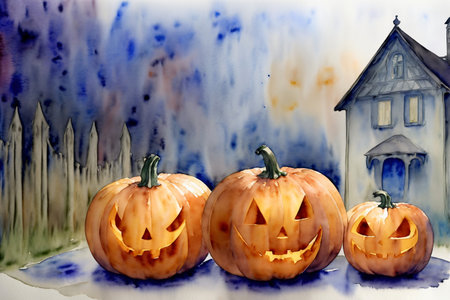 Three Carved Pumpkins Sitting In Front Of A House. Generative AIの素材