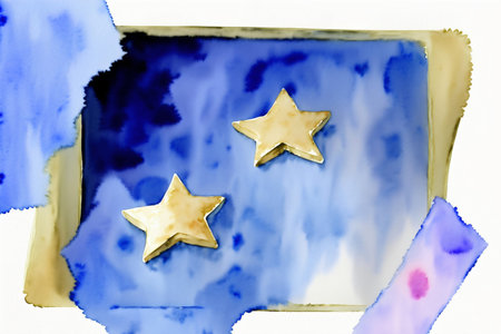 A Painting Of Two Gold Stars On A Blue Background. Generative AIの素材