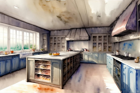 A Watercolor Painting Of A Kitchen With Blue Cabinets. Generative AIの素材