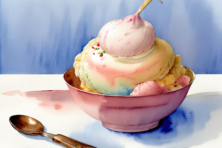 A Painting Of A Bowl Of Ice Cream With A Spoon. Generative AIの素材