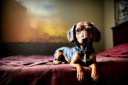 A Brown And Black Dog Laying On Top Of A Bed. Generative AIの素材
