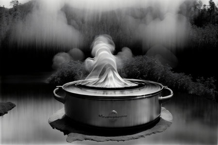 A Black And White Photo Of A Pot With Smoke Coming Out Of It. Generative AIの素材