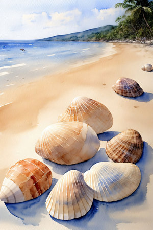 A Painting Of Seashells On A Sandy Beach. Generative AIの素材