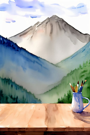 A Painting Of A View Of A Mountain Range. Generative AIの素材
