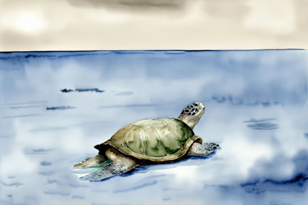 A Painting Of A Turtle Swimming In The Ocean. Generative AIの素材