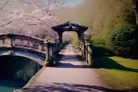 A Bridge Over A Body Of Water Surrounded By Trees. Generative AIの素材