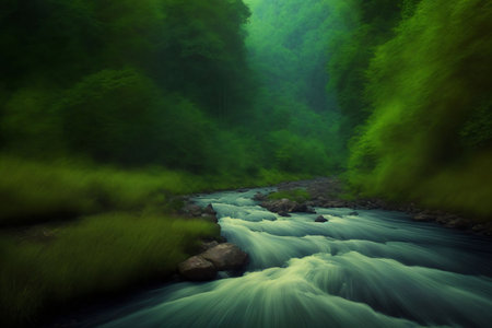 A River Running Through A Lush Green Forest. Generative AIの素材
