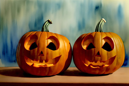 Two Carved Pumpkins Sitting Side By Side On A Table. Generative AIの素材