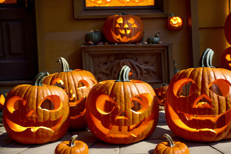 A Group Of Carved Pumpkins Sitting In Front Of A House. Generative AIの素材