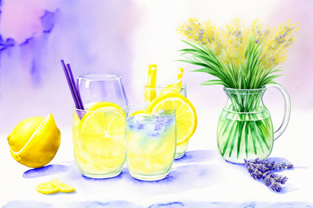A Painting Of Lemons, Lemonade, And A Pitcher Of Lemonade. Generative AIの素材