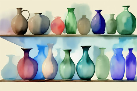 A Shelf Filled With Lots Of Different Colored Vases. Generative AIの素材