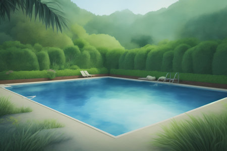 A Painting Of A Pool Surrounded By Trees. Generative AIの素材