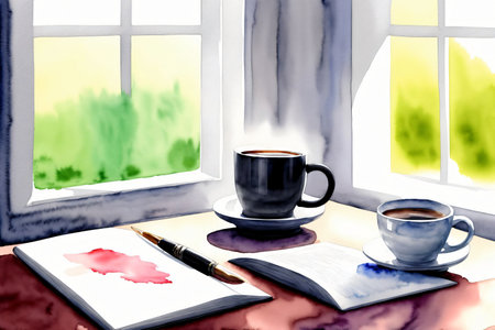 A Cup Of Coffee And A Book On A Table. Generative AIの素材