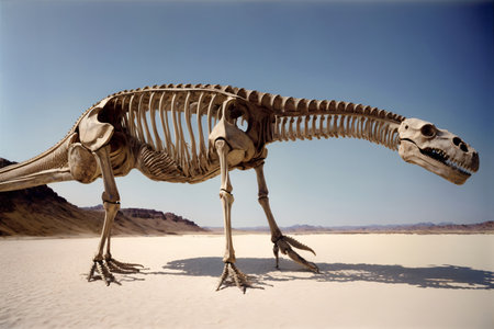 A Skeleton Of A Dinosaur In The Desert. Generative AIの素材