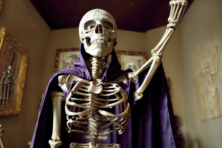A Skeleton Dressed Up In A Purple Cloak. Generative AIの素材