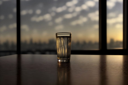 A Glass Of Water Sitting On Top Of A Wooden Table. Generative AIの素材