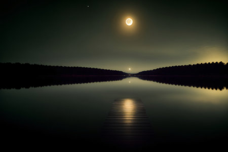 A Large Body Of Water With A Full Moon In The Sky. Generative AIの素材