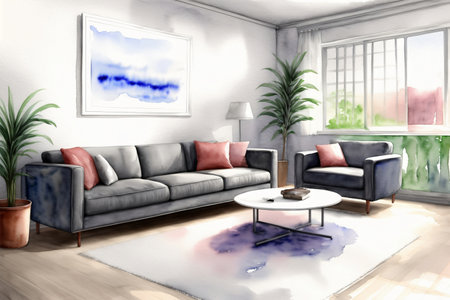 A Painting Of A Living Room With Two Couches And A Coffee Table. Generative AIの素材