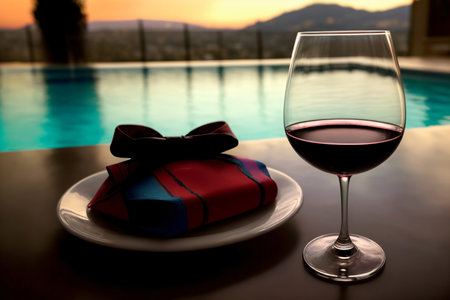 A Glass Of Wine Next To A Wrapped Present. Generative AIの素材