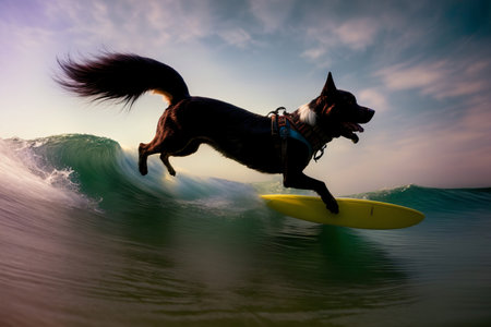 A Dog That Is Standing On A Surfboard In The Water. Generative AIの素材