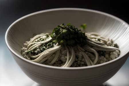 A White Bowl Filled With Noodles And Broccoli. Generative AIの素材