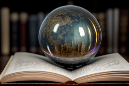 An Open Book With A Glass Globe On Top Of It. Generative AIの素材