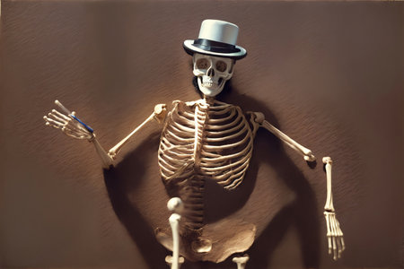A Skeleton Wearing A Top Hat And Holding A Fork. Generative AIの素材