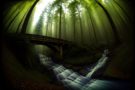 A Painting Of A Bridge Over A River In A Forest. Generative AIの素材