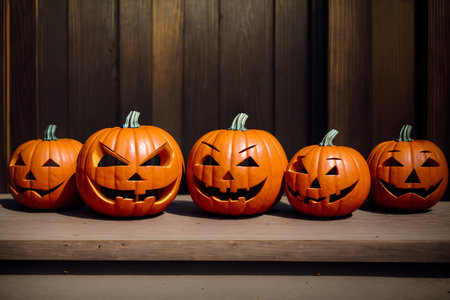 A Group Of Carved Pumpkins Sitting On Top Of A Wooden Table. Generative AIの素材