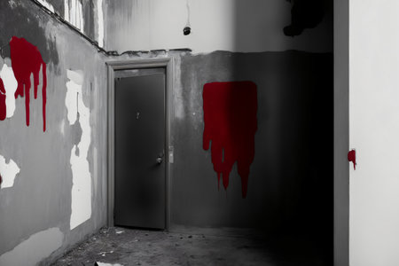 A Black And White Photo Of A Door With Red Paint On It. Generative AIの素材