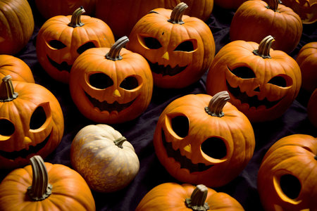 A Group Of Carved Pumpkins Sitting Next To Each Other. Generative AIの素材