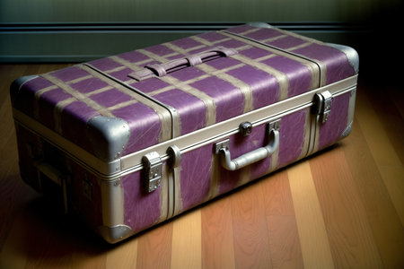 A Purple Suitcase Sitting On Top Of A Wooden Floor. Generative AIの素材
