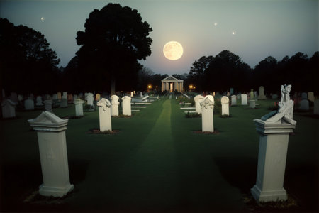 A Cemetery At Night With A Full Moon In The Background. Generative AIの素材