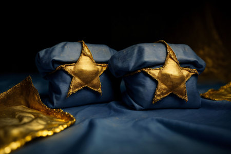 Two Blue Wrapped Presents With Gold Stars On Them. Generative AIの素材