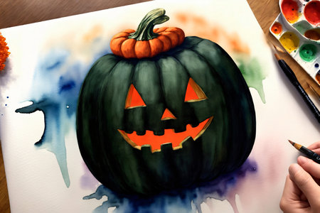 A Person Is Painting A Pumpkin With Watercolors. Generative AIの素材