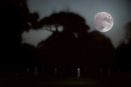 A Full Moon Rises Over A Cemetery At Night. Generative AIの素材