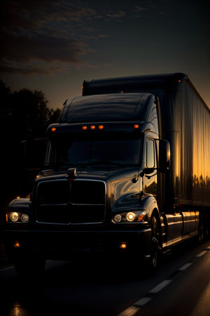 A Semi Truck Driving Down A Highway At Night. Generative AIの素材