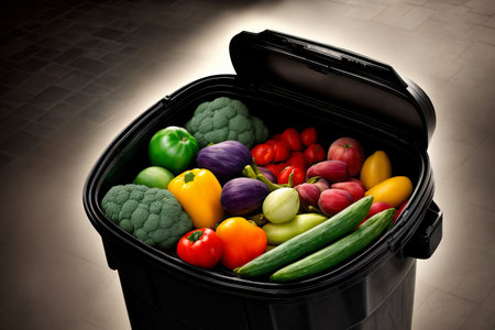 A Black Trash Can Filled With Assorted Vegetables. Generative AIの素材
