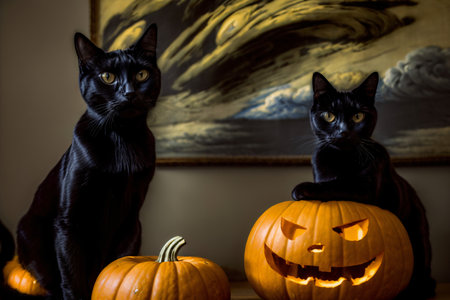 Two Black Cats Sitting Next To Carved Pumpkins. Generative AIの素材