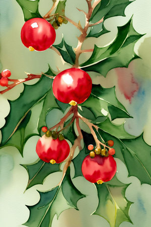 A Painting Of Holly With Red Berries And Green Leaves. Generative AIの素材