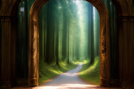 A Painting Of An Archway Leading Into A Forest. Generative AIの素材