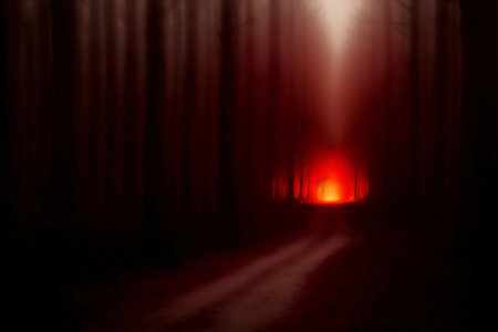 A Red Light In The Middle Of A Dark Forest. Generative AIの素材